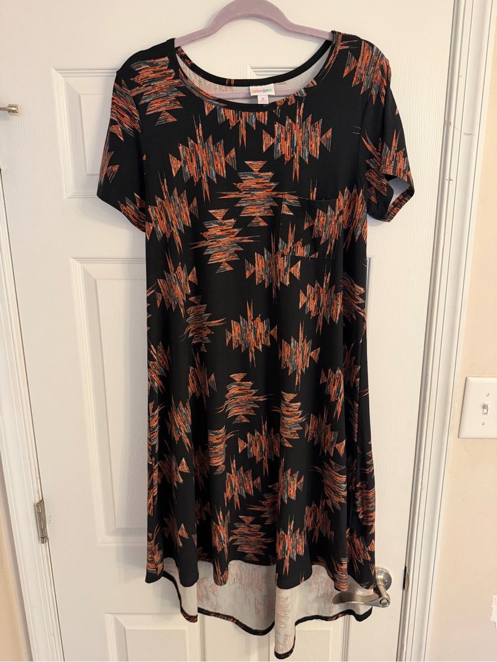 LuLaRoe Black Dress with Orange Geometric Print